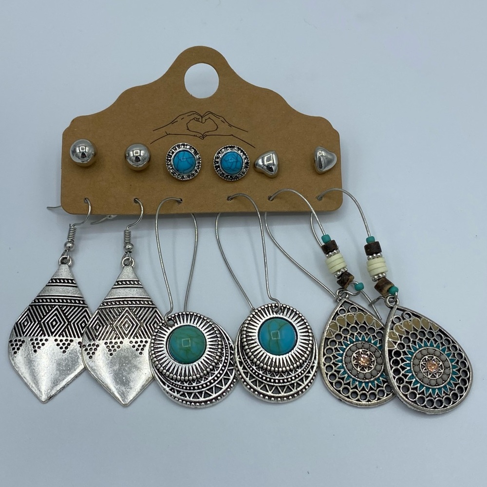 Silver Tone Faux Turquoise Western Bohemian Earrings 6-Pairs Dangle Studs NEW